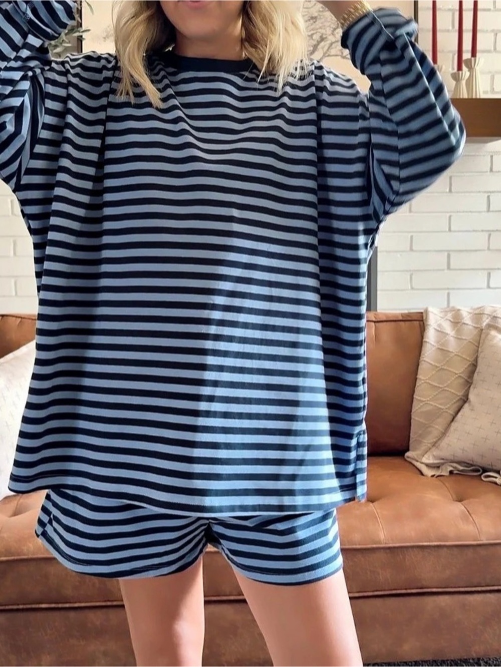 WISHLIST Striped Loungewear Set in Navy and Lavender Boxy Oversized Top NWOT